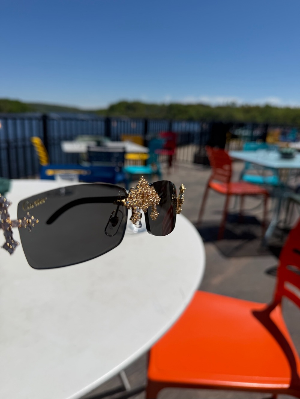 Cartier Black Rimless Sunglasses with Gold Crystal Embellishments